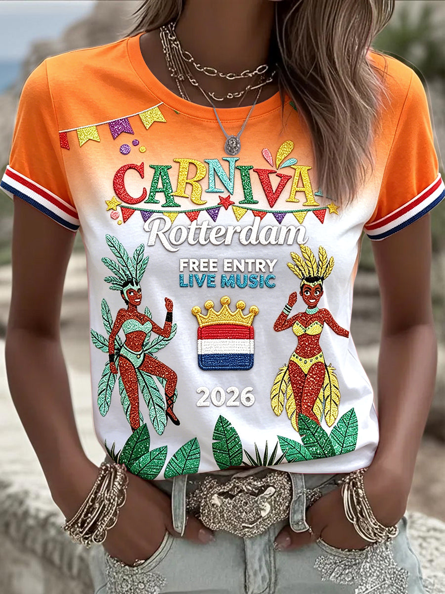 Dames Oranje Gradiënt Rotterdam Zomer Carnaval Print Casual T-shirt