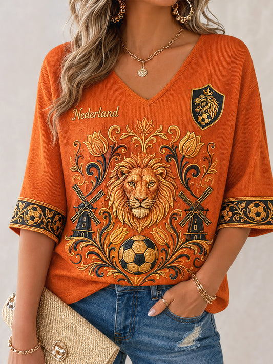 Damescadeau voor voetbalfans, casual wafeljersey met halve mouwen en print