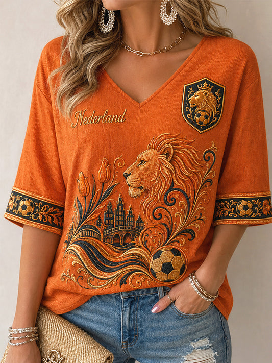 Damescadeau voor voetbalfans, casual wafeljersey met halve mouwen en print
