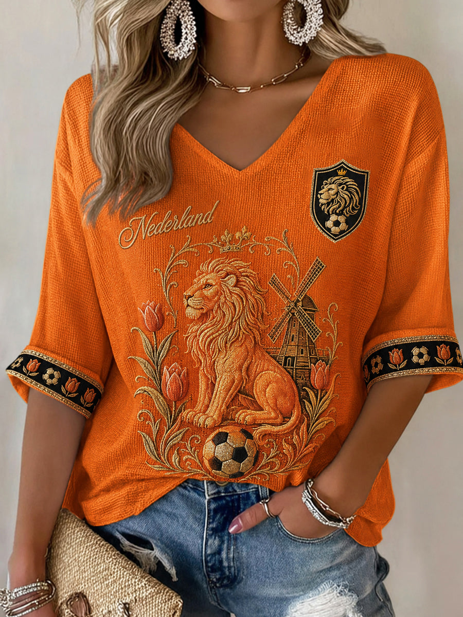 Damescadeau voor voetbalfans, casual wafeljersey met halve mouwen en print