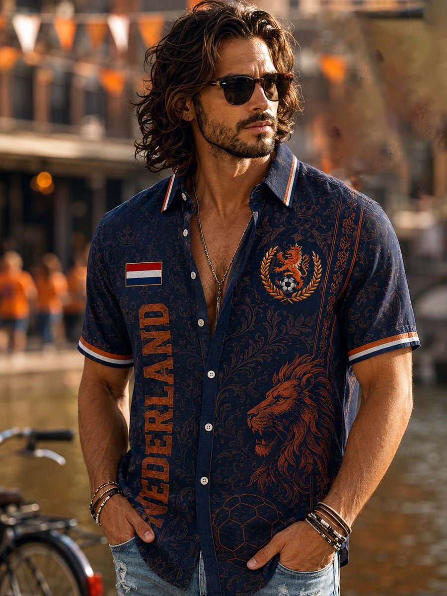 Herenoverhemd met korte mouwen en print van een leeuw en voetbal