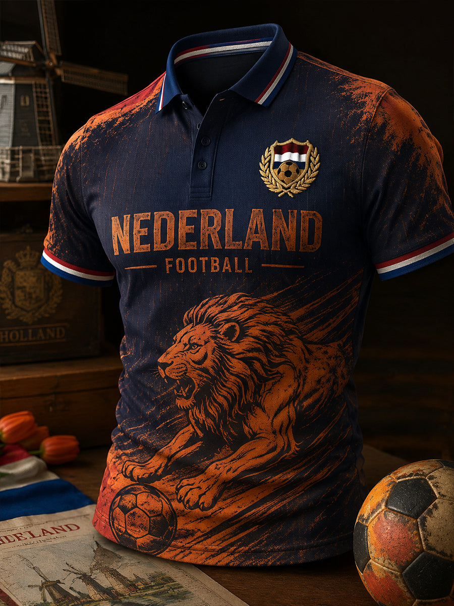 Herenpoloshirt met korte mouwen en print van een leeuw en voetbal
