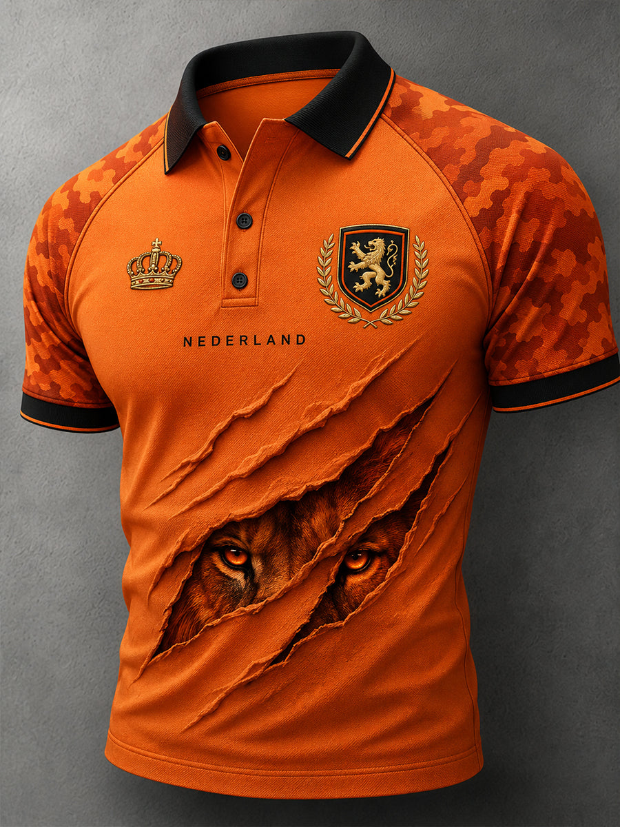 Herenpoloshirt met korte mouwen en print van een leeuw en voetbal