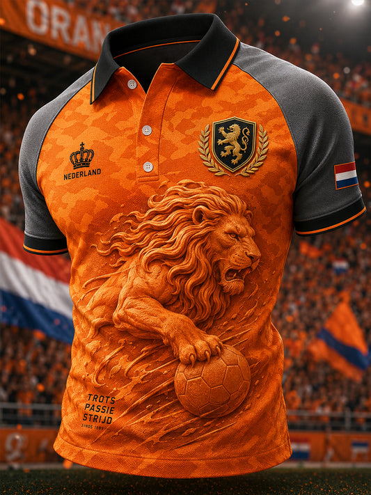 Herenpoloshirt met korte mouwen en print van een leeuw en voetbal