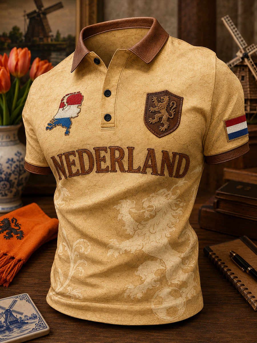 Herenpoloshirt met korte mouwen en print van een leeuw en voetbal