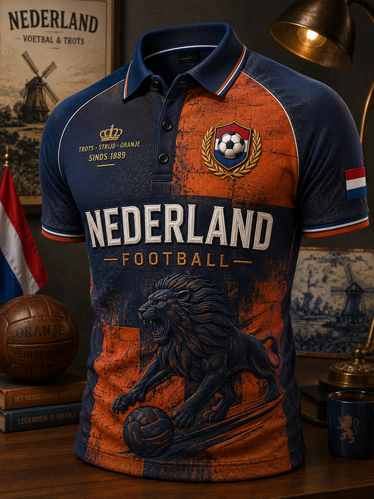 Herenpoloshirt met korte mouwen en print van een leeuw en voetbal