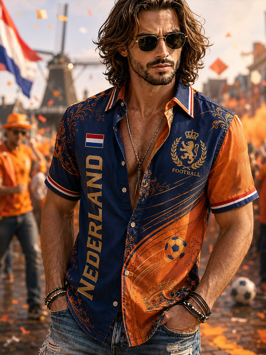 Herenoverhemd met korte mouwen en print van een leeuw en voetbal
