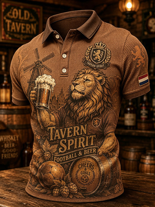 Herenpyjama met leeuwenbierprint en wafelpatroon, poloshirt met korte mouwen