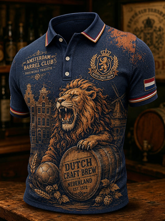 Herenpyjama met leeuwenbierprint en wafelpatroon, poloshirt met korte mouwen