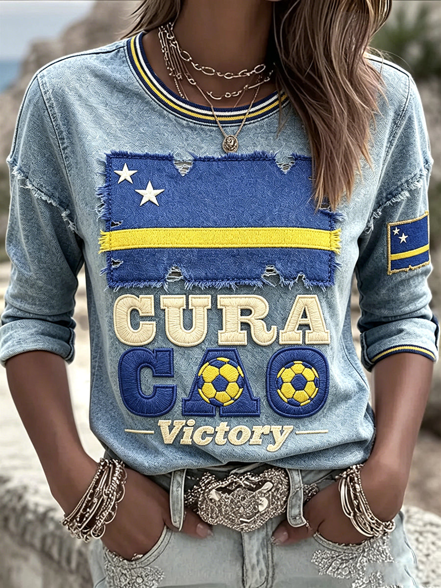 Dames T-shirt met 3D-denimeffect en vlag van Curaçao, casual, lange mouwen