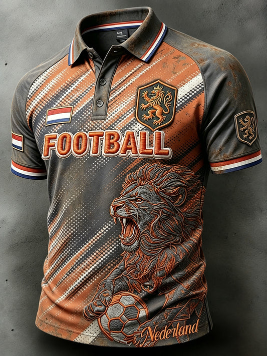 Grijs herenpoloshirt met Nederlandse voetbal- en leeuwenprint, casual en retro mode