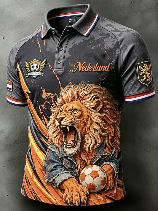 Donkergrijs casual poloshirt voor heren met leeuwenprint in Nederlandse stijl