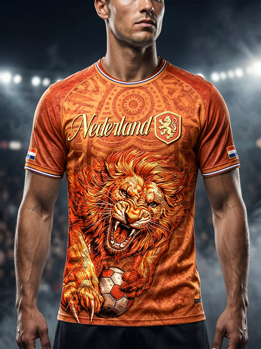 Oranje casual t-shirt voor heren met Nederlandse voetballeeuwprint