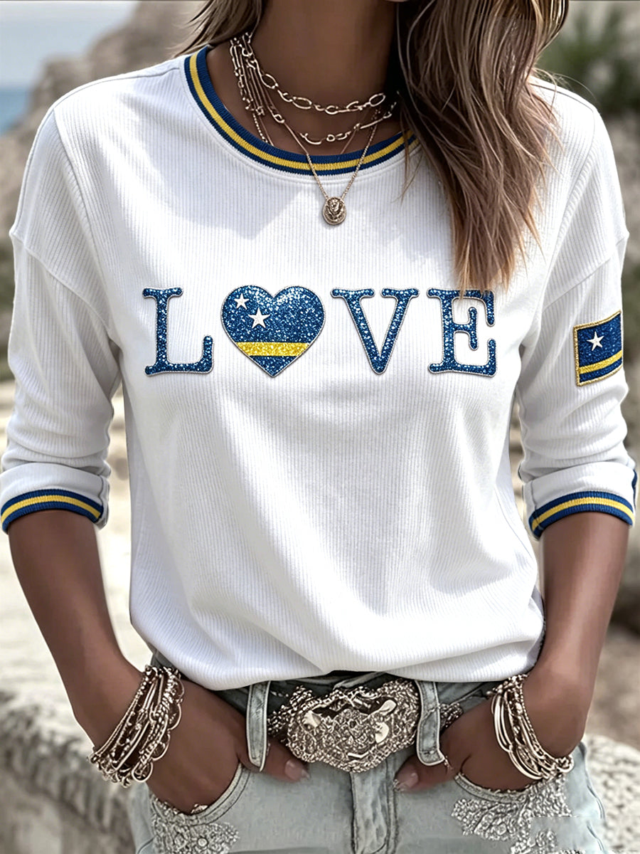 Dameswitte casual T-shirt met print van de vlag van Curaçao en lange mouwen