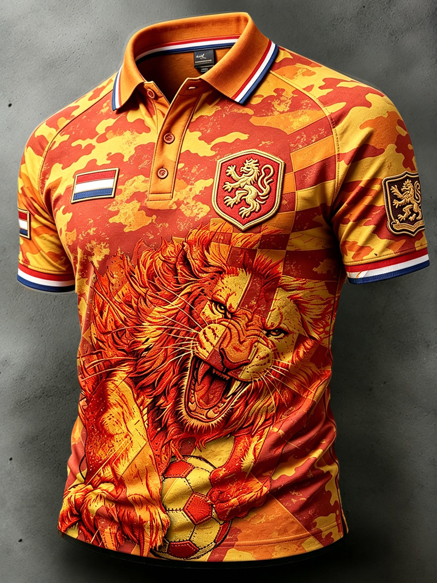 Oranje voetbalpolo voor heren met leeuwen- en camouflageprint, casual modieuze stijl