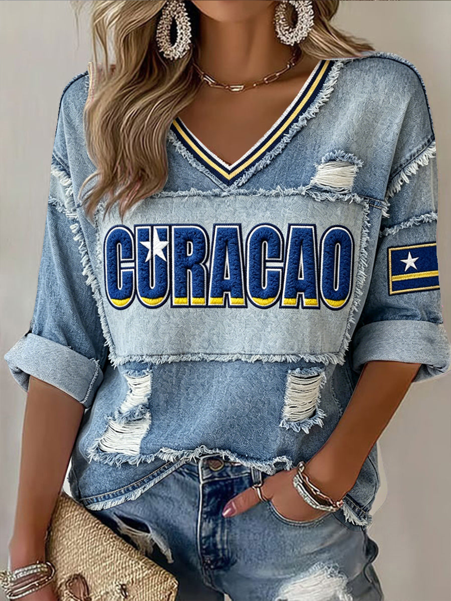 Dames Curacao 3D imitatie-denim patchworkprint casual T-shirt met V-hals