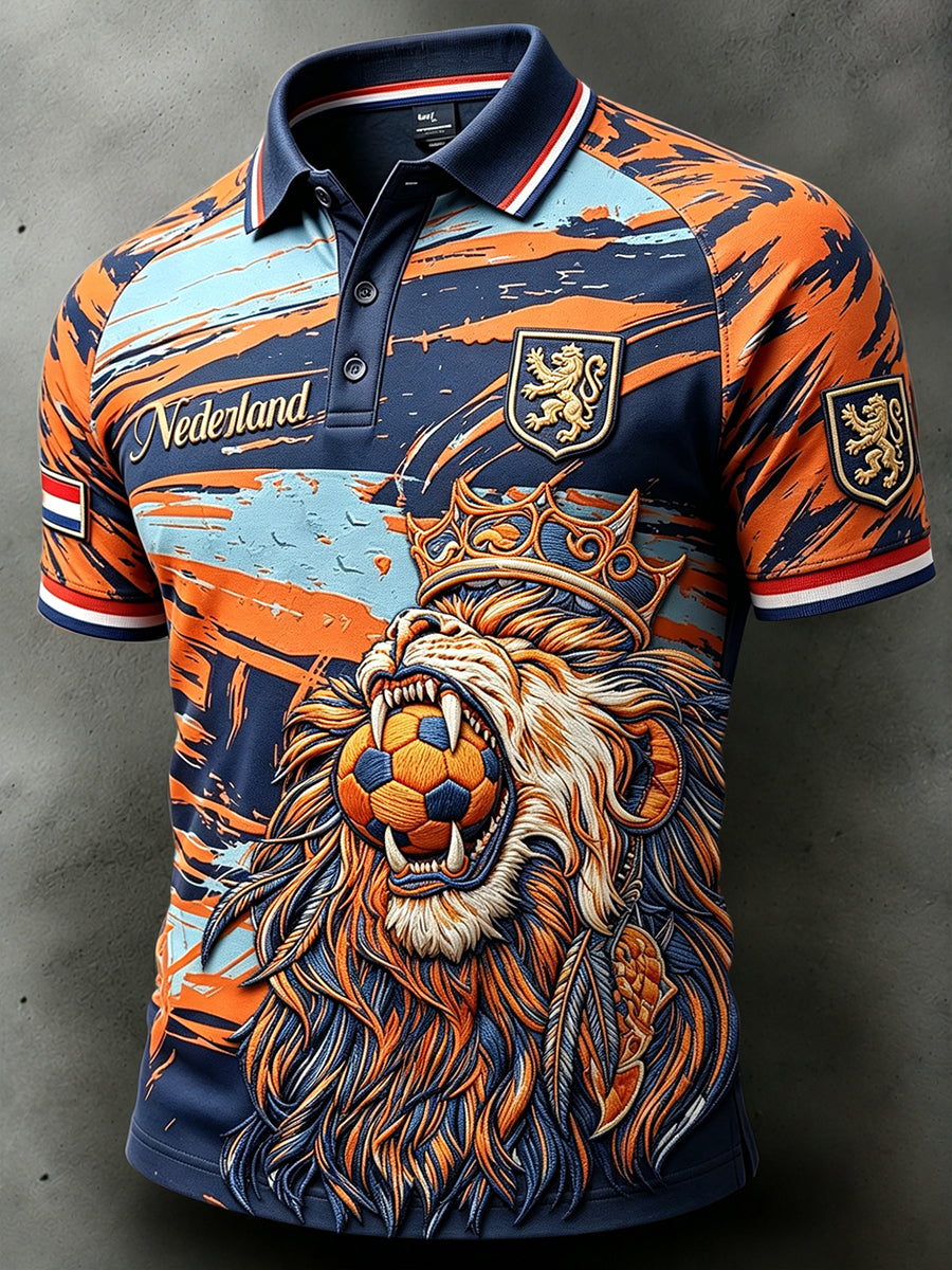 Herenpolo met camouflagepatchworkprint in Nederlandse voetbalstijl, casual en modieus