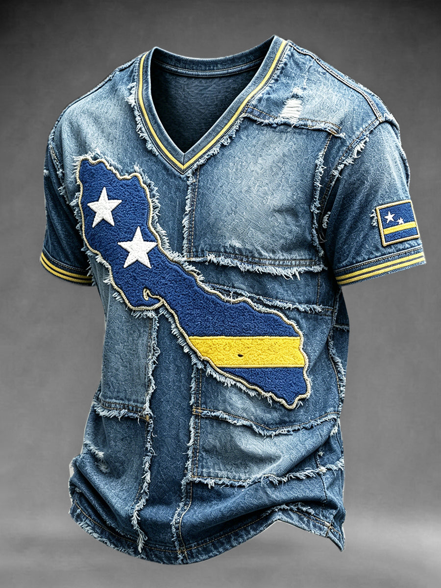 Heren T-shirt met Curaçaokaart en denim patchworkprint, v-hals, casual