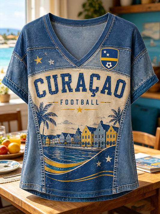 Dames-T-shirt met eilandvoetbalthema, V-hals en korte mouwen