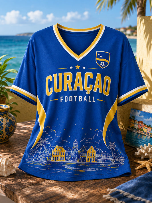 Dames-T-shirt met eilandvoetbalthema, V-hals en korte mouwen