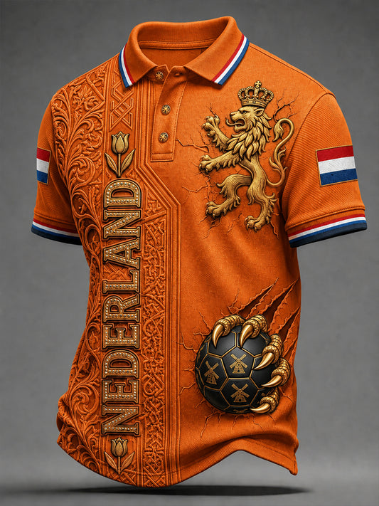 Herenpoloshirt met korte mouwen en voetbalprint