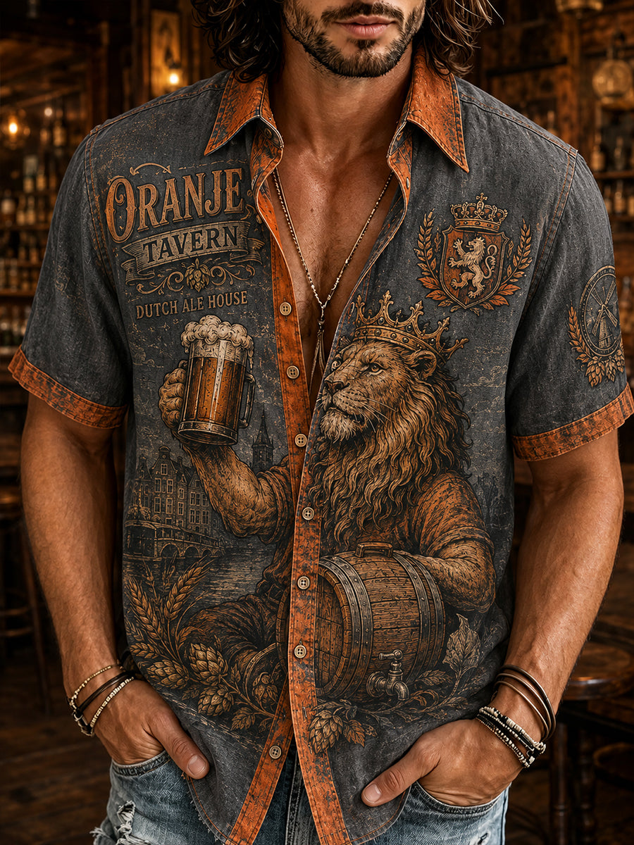 Herenoverhemd met retro leeuwen- en taverneprint en korte mouwen