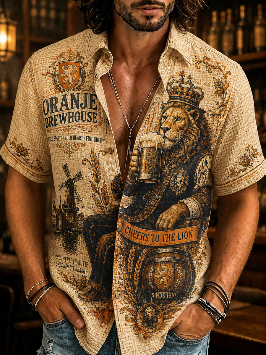 Herenoverhemd met retro leeuwen- en taverneprint en korte mouwen