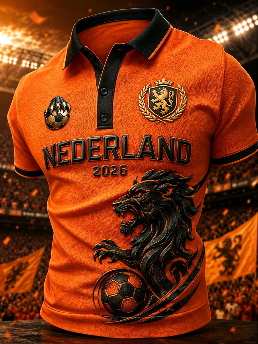 Herenpoloshirt met korte mouwen en voetbalprint