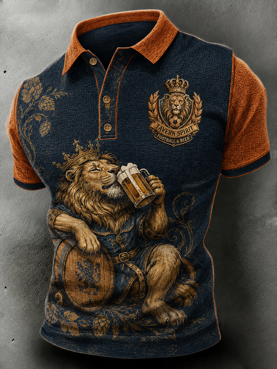 Heren Retro Pub Cultuurprint Waffle Gown Poloshirt met korte mouwen
