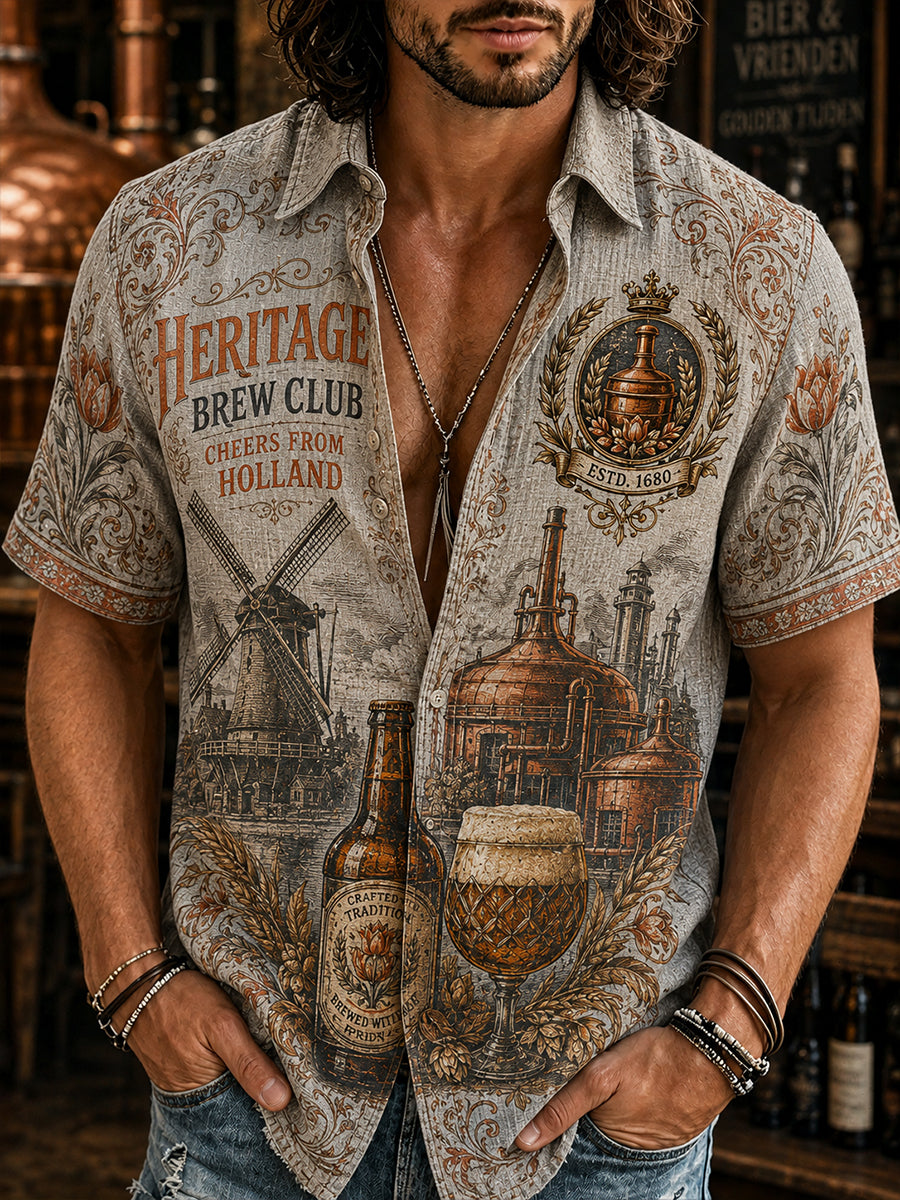 Herenoverhemd met korte mouwen en retroprint in kroegstijl