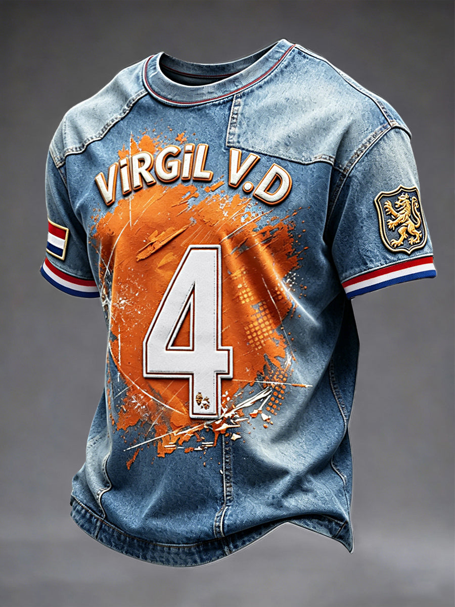 Heren T-shirt Nederlands voetbal nr. 4 Virgil van Dijk denim patchworkprint casual