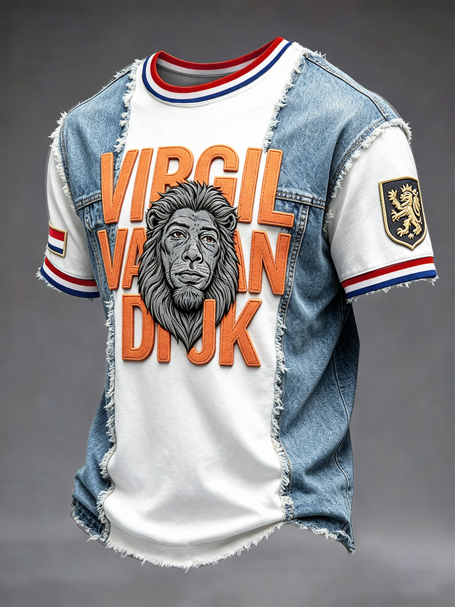 Heren T-shirt met denim patchworkprint van Virgil van Dijk voor voetbalfans