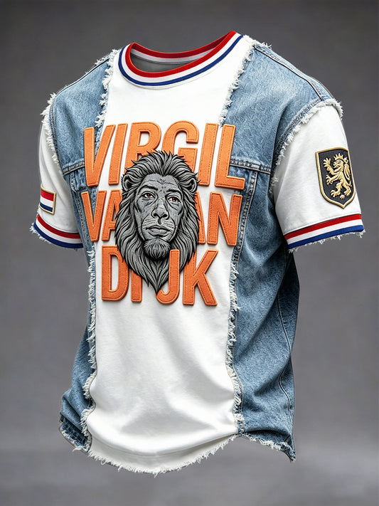 Heren T-shirt met denim patchworkprint van Virgil van Dijk voor voetbalfans