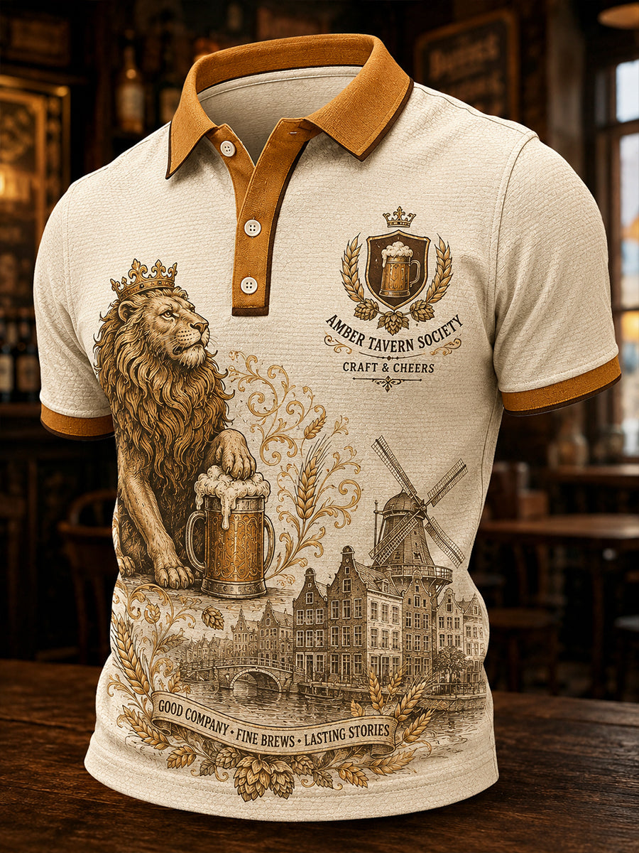 Retro Pub Cultuurprint heren poloshirt met korte mouwen