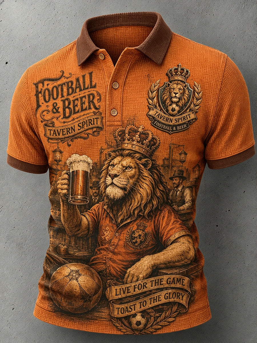 Herenpolo met retro pubcultuurprint, gewafeld hemd en korte mouwen