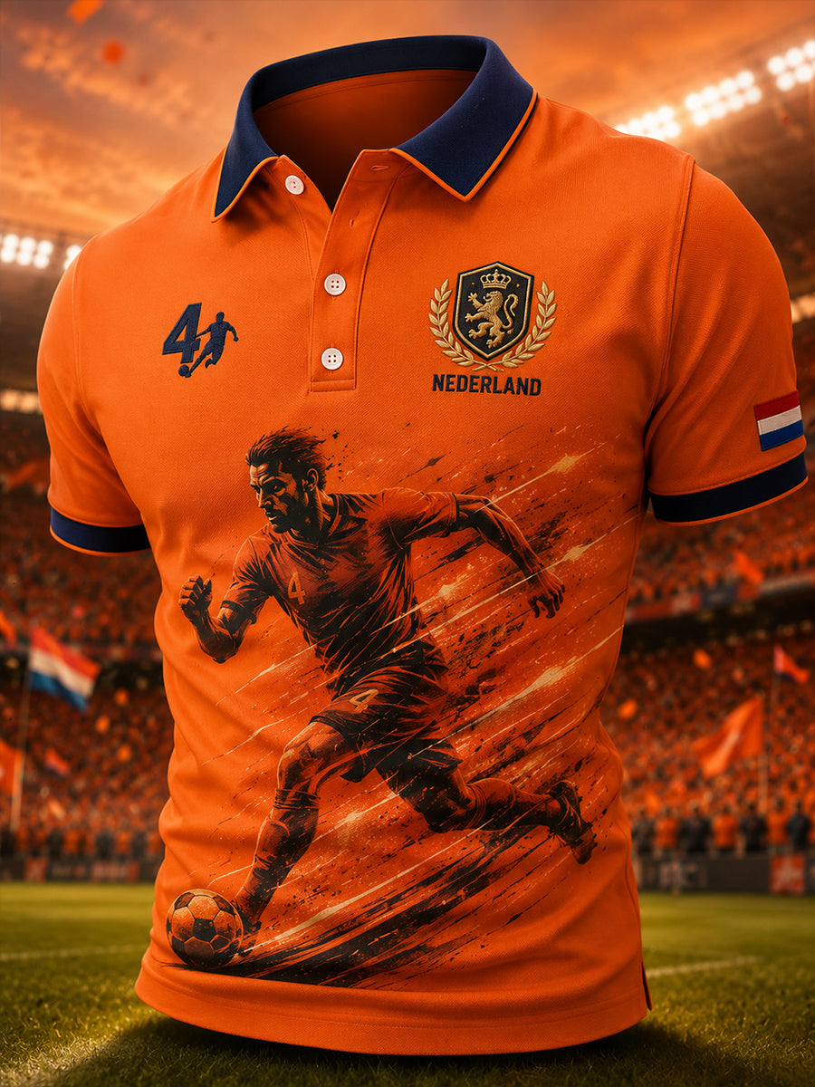 Herenpoloshirt met korte mouwen en voetbalprint