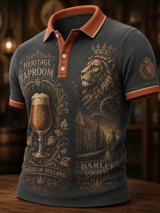 Herenpolo met korte mouwen en retroprint in pubstijl