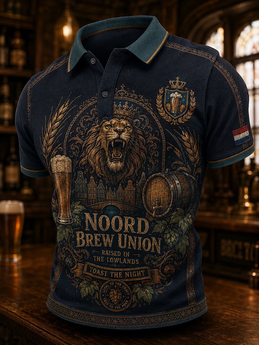 Herenpolo met korte mouwen en retroprint in pubstijl