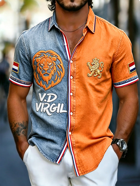 Heren T-shirt in Nederlandse voetbalstijl met denim patchworkprint en korte mouwen, casual model