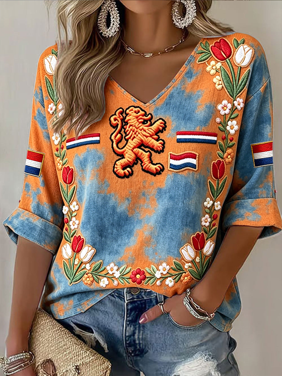 Dames Vintage Nederlandse Tulpenprint Mode V-hals T-shirt