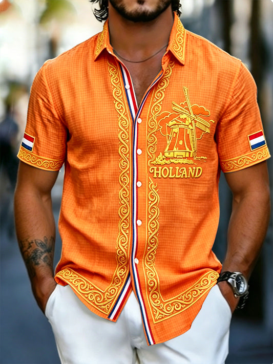 Herenoranje Hollandprint modieus shirt met korte mouwen