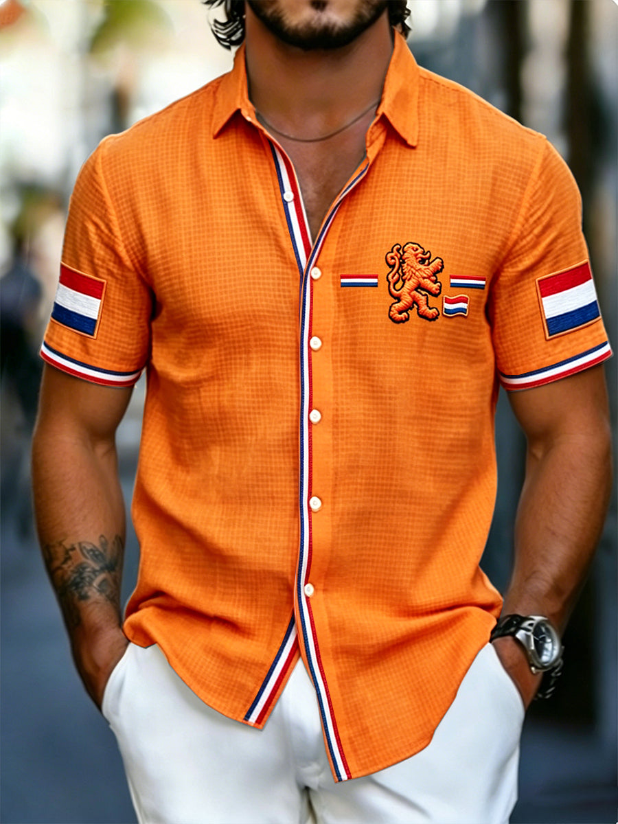 Heren Oranje Nederlandse Vlag Print Casual Overhemd met korte mouwen