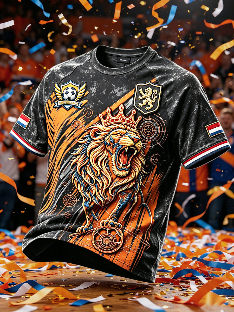 Zwart casual t-shirt voor heren met Nederlandse voetbal- en leeuwenprint