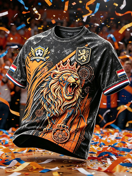 Zwart casual t-shirt voor heren met Nederlandse voetbal- en leeuwenprint