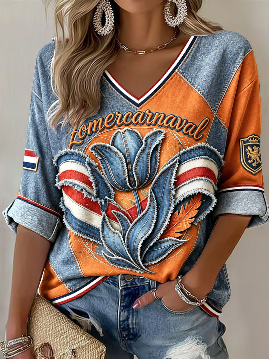 Dames Nederlands denim patchwork tulp zomercarnavalprint casual T-shirt met V-hals
