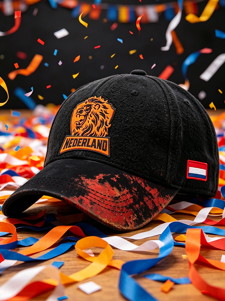 Zwarte Hollandse voetbalhoed met leeuwenprint, casual stijl