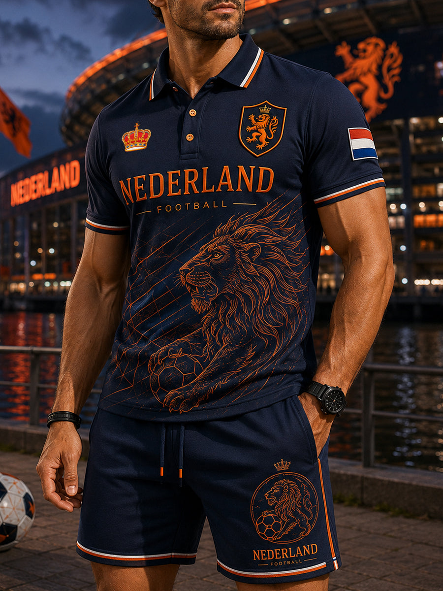 Mannen voetbal leeuwenprint sportief poloshirt met korte mouwen set