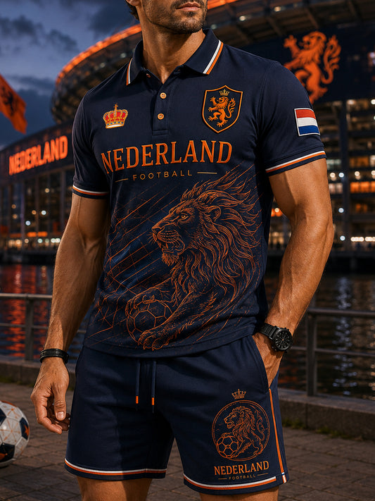 Mannen voetbal leeuwenprint sportief poloshirt met korte mouwen set