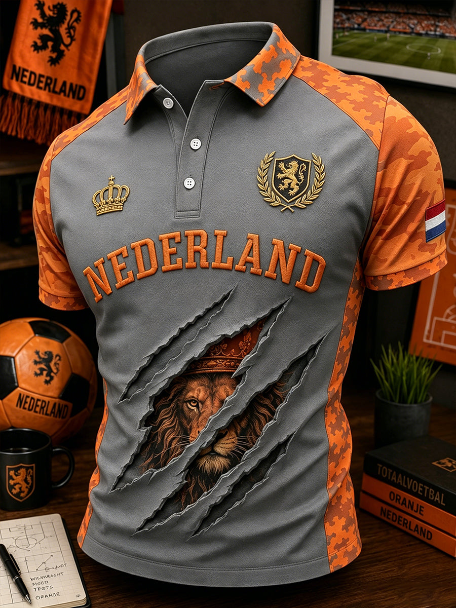 Herenpoloshirt met leeuwenprint en korte mouwen