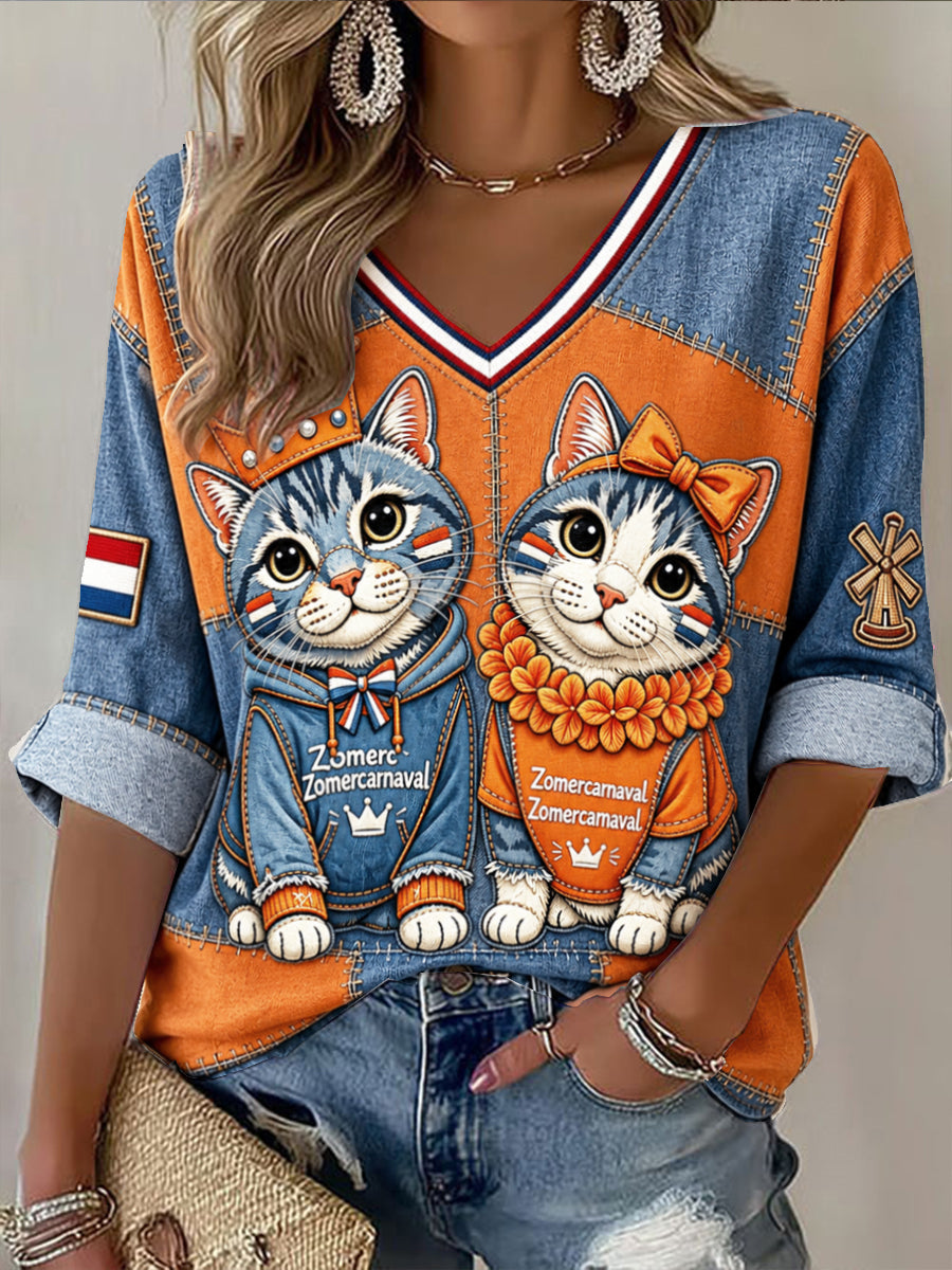 Dames Nederlands Zomercarnaval schattig kattenprint patchwork casual T-shirt met V-hals